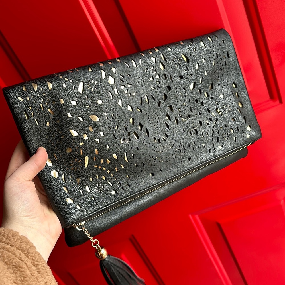 Womens Perforated Cut Out Gold Accent Foldover Pouch Fashion Clutch Handbag